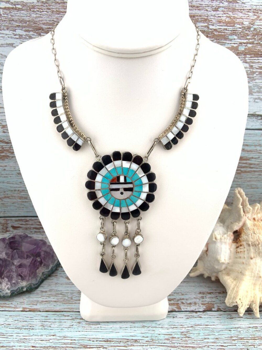 Sunface Zuni Inlay Sterling Silver Native American Necklace JD Massie J1430